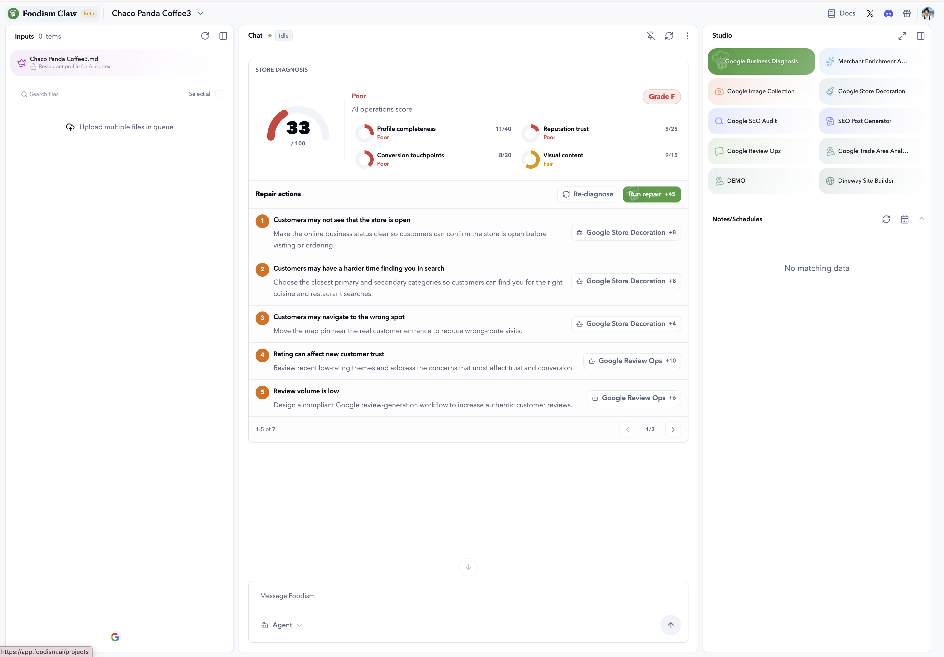 Foodism Claw restaurant diagnosis workspace with evidence and recommendations