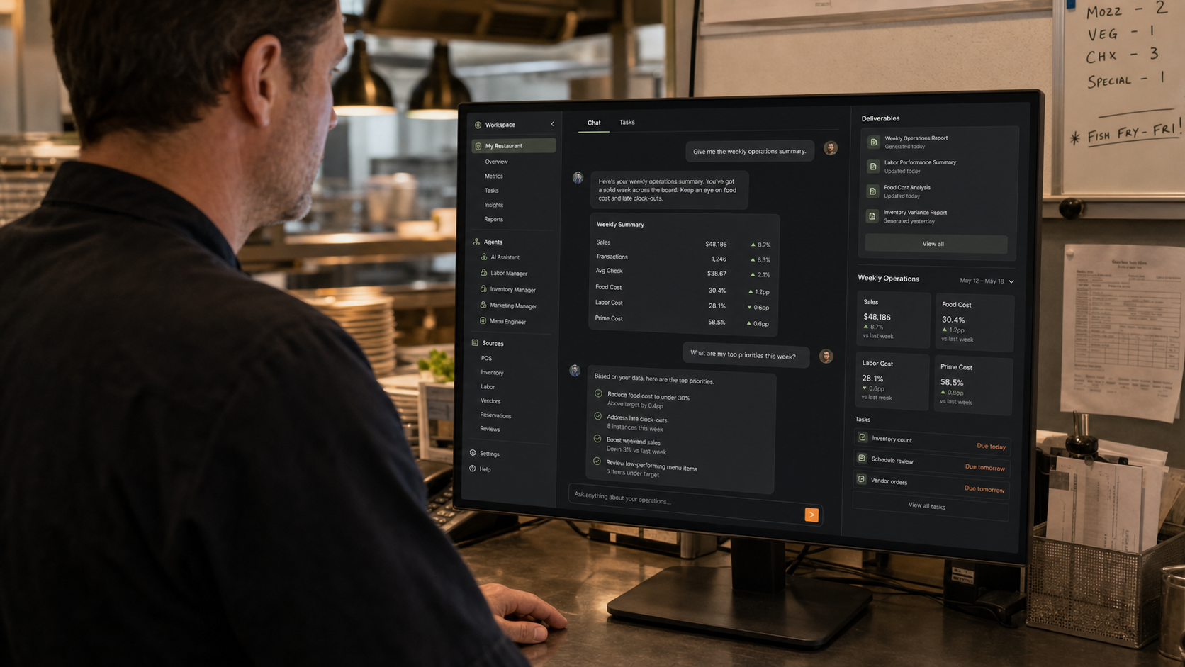 Restaurant back-office screen showing Foodism Claw agent work